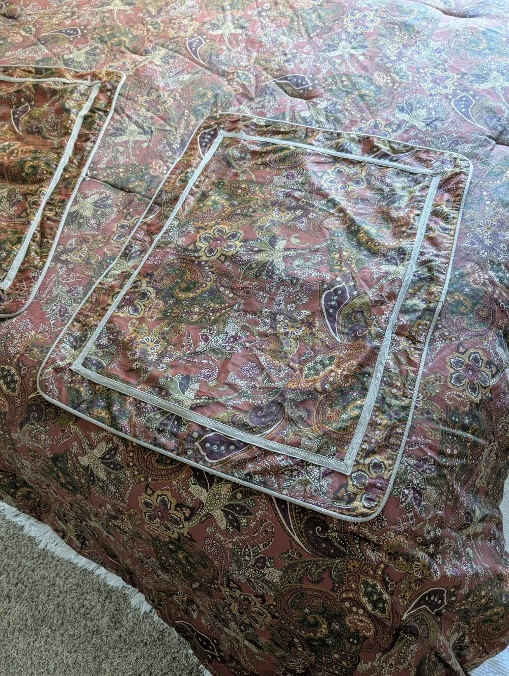 Chaps Home Rust Brown Satin Jacobean Botanic Queen Comforter Striped Reversed